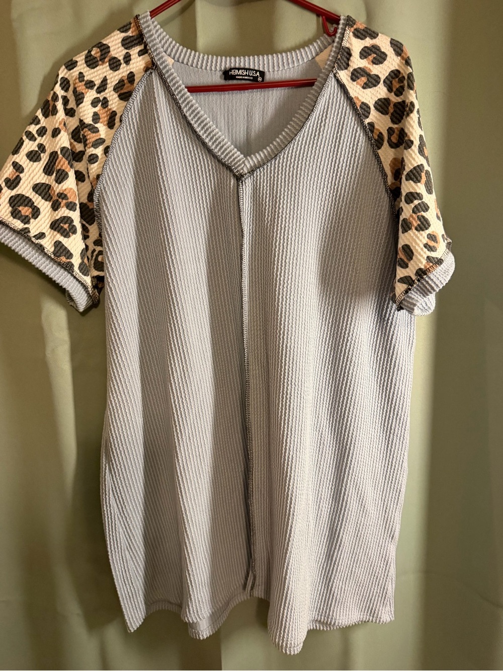 HEIMISH USA Gray Knit Tee with Leopard Print Raglan Sleeves
